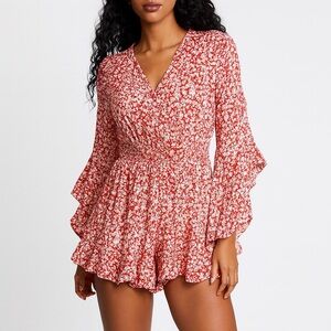 Pink Lily Red Floral Long Sleeve Ruffle Hem Romper Size L
